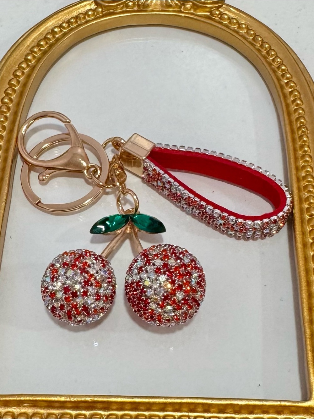 New Red & White Rhinestone Cherry Keychain - Picture 2 of 4